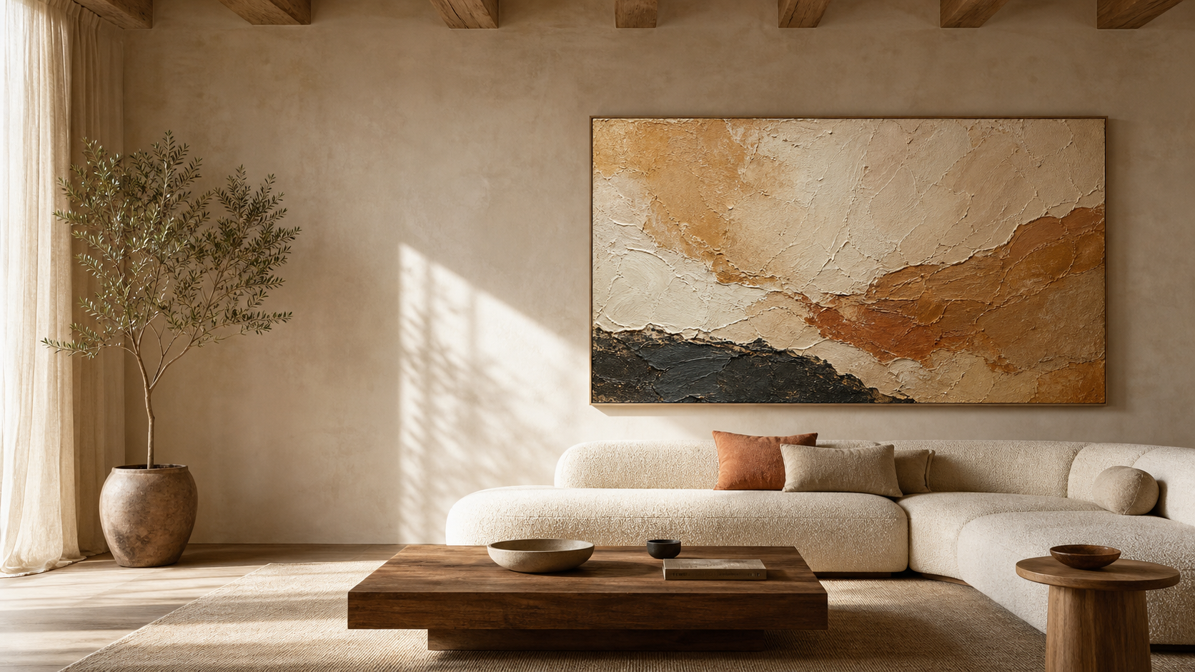 Textured original artwork in a warm, contemporary interior